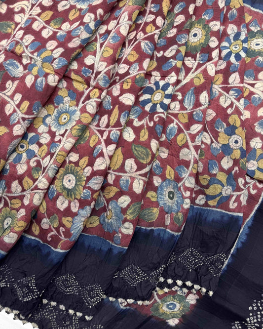 Dark Purple & Maroon Flower Muga Silk Pen Kamalkari Bandhani Saree - SindhoiPatolaArt