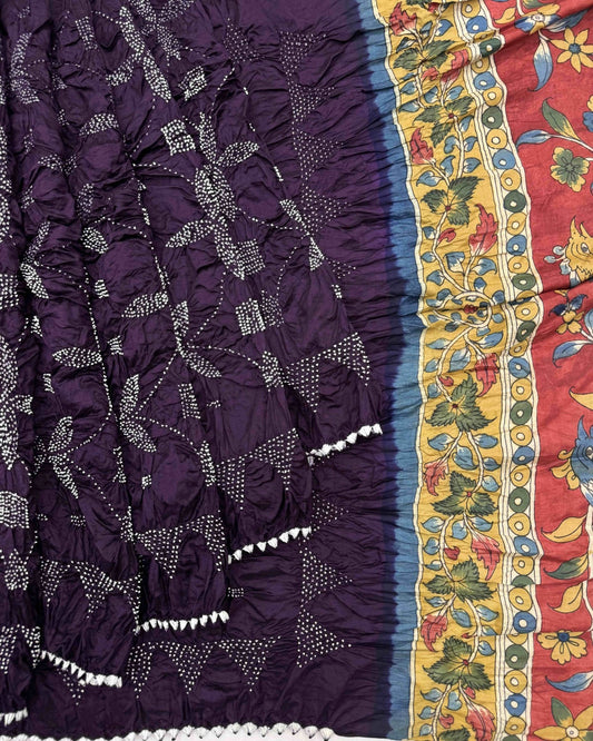 Dark Purple Muga Silk Pen Kamalkari Bandhani Saree - SindhoiPatolaArt