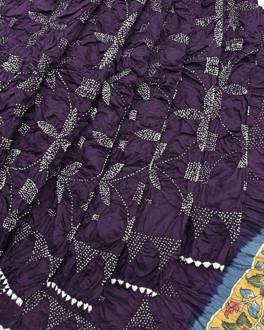 Dark Purple Muga Silk Pen Kamalkari Bandhani Saree - SindhoiPatolaArt