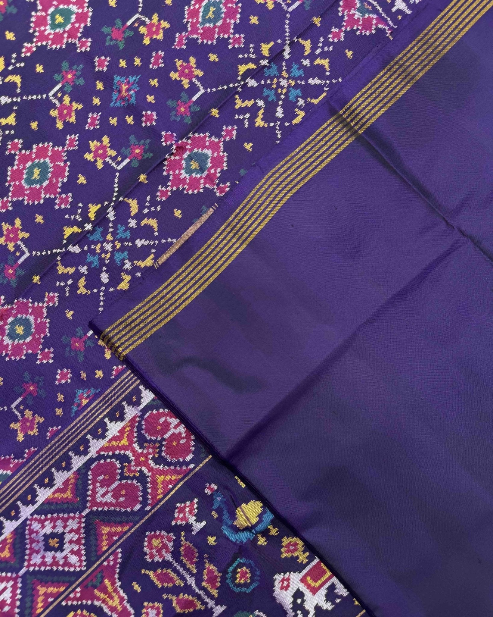 Dark Purple Navratan Semi Double Ikat Patola Saree - SindhoiPatolaArt