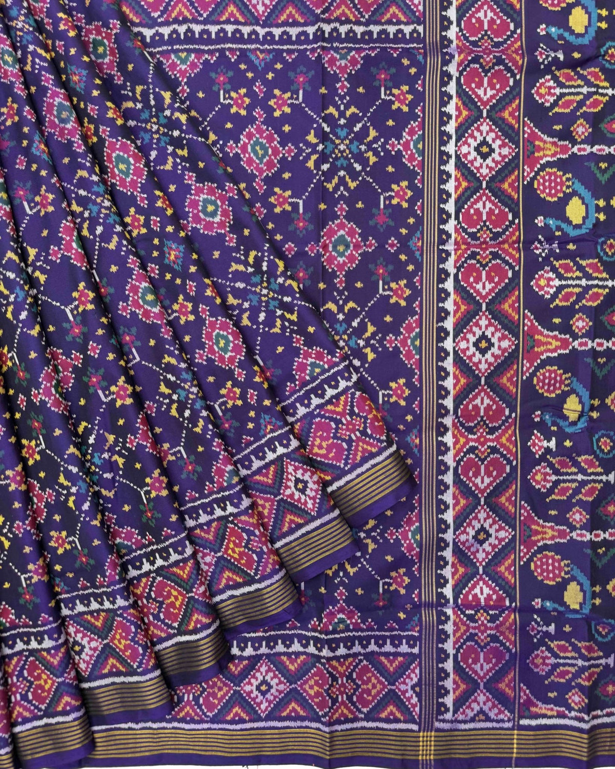 Dark Purple Navratan Semi Double Ikat Patola Saree - SindhoiPatolaArt