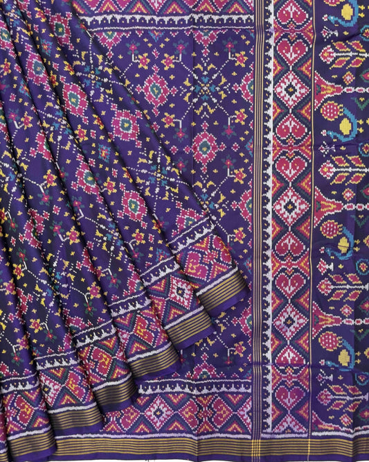 Dark Purple Navratan Semi Double Ikat Patola Saree - SindhoiPatolaArt