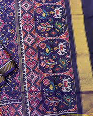 Dark Purple Navratan Semi Double Ikat Patola Saree - SindhoiPatolaArt