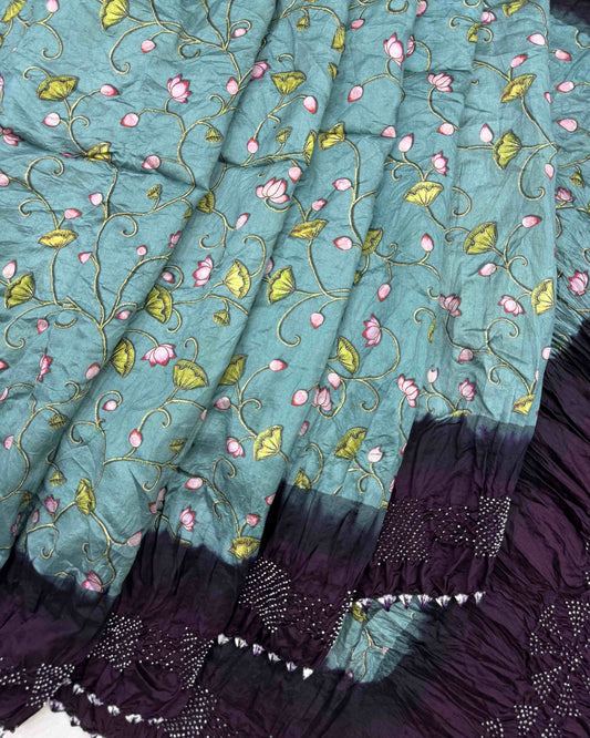 Dark Purple & Sky Blue Flower Pichhwai Bandhani Saree - SindhoiPatolaArt