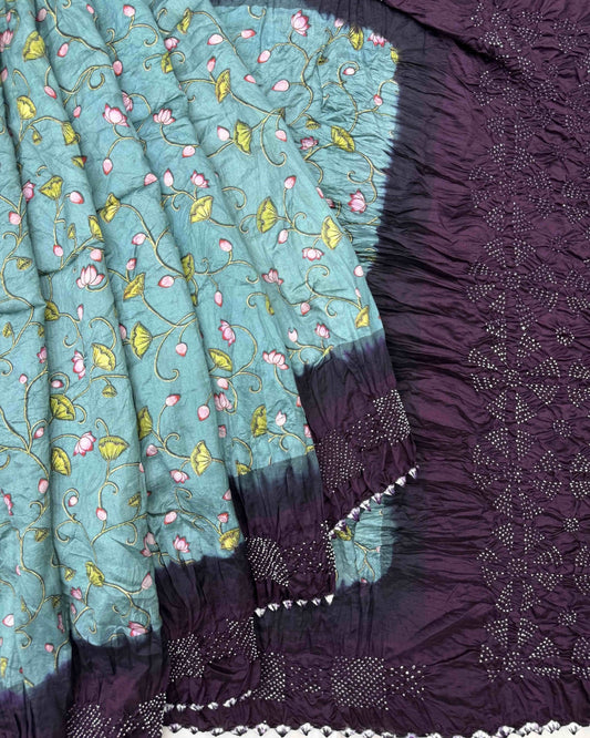 Dark Purple & Sky Blue Flower Pichhwai Bandhani Saree - SindhoiPatolaArt