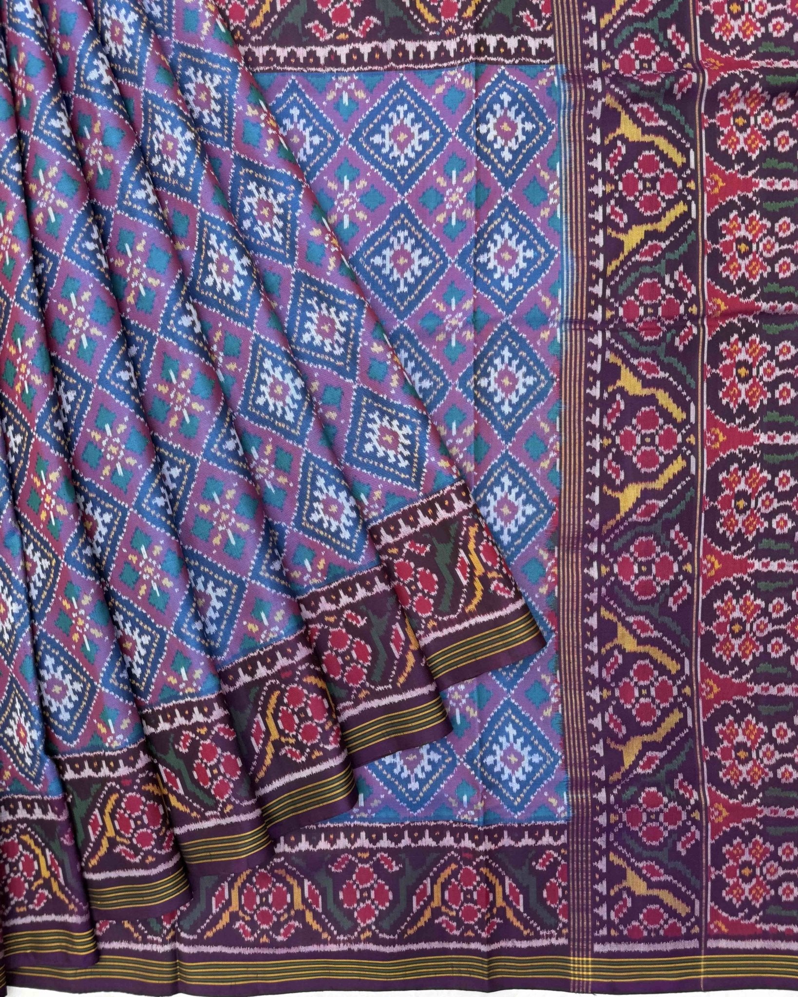 Dark Purple & Sky Blue Panchanda Semi Double Ikat Patola Saree - SindhoiPatolaArt