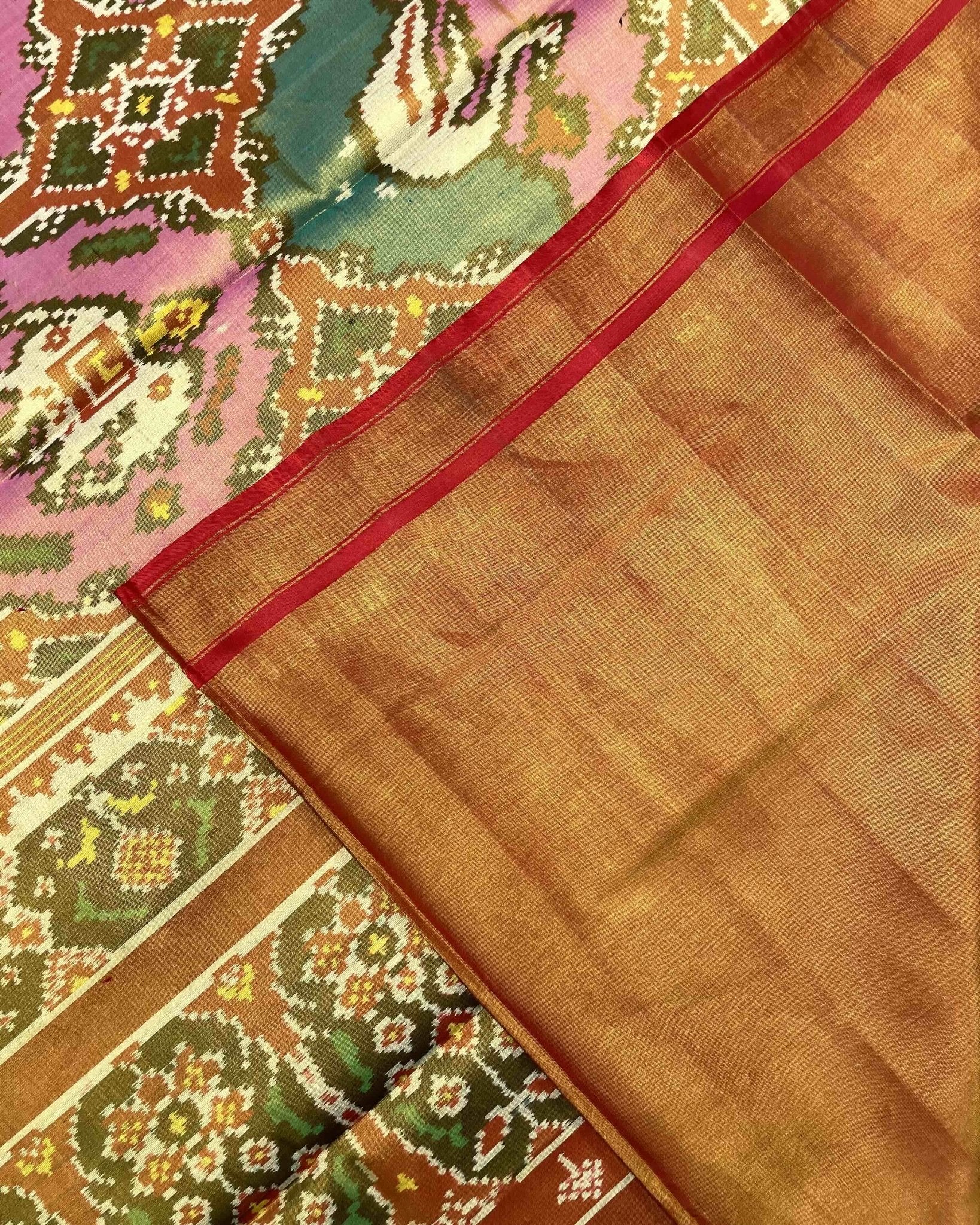 Golden & Light Pink Big Figure Chhabdi Narikunj Tissue Patola Saree - SindhoiPatolaArt