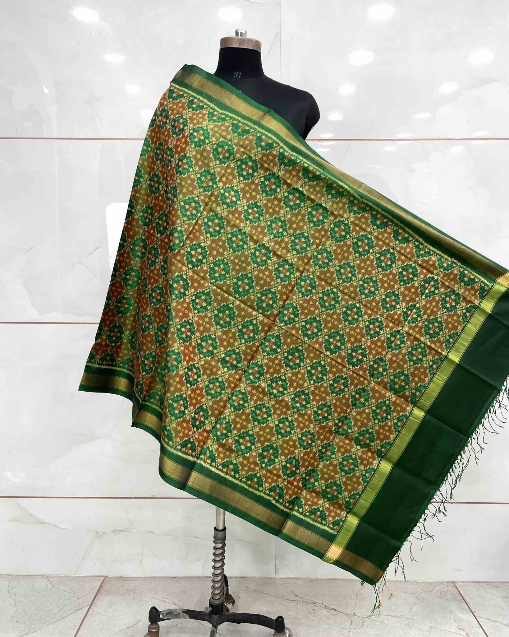 Green Buttonful Design Patola Dupatta - SindhoiPatolaArt