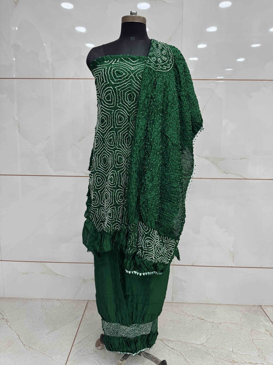 Green Chiniya Silk Bandhani Dress Material - SindhoiPatolaArt