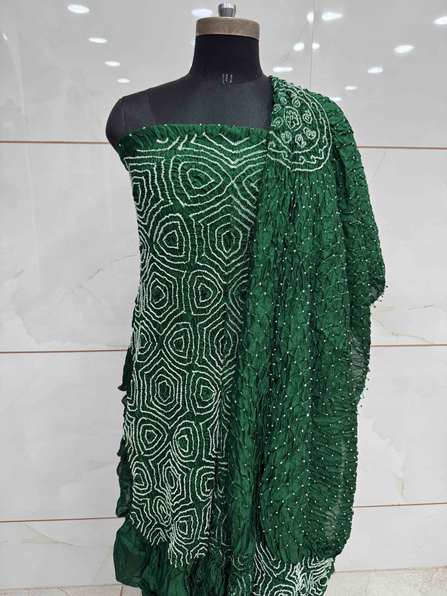 Green Chiniya Silk Bandhani Dress Material - SindhoiPatolaArt