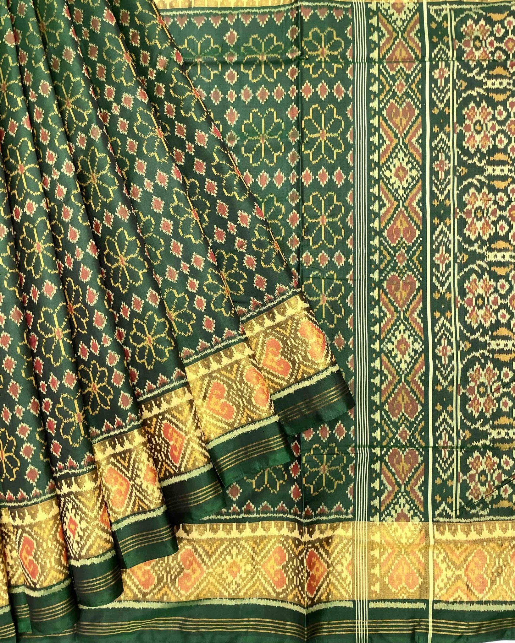 Green Fancy Flower Design Patola Saree - SindhoiPatolaArt