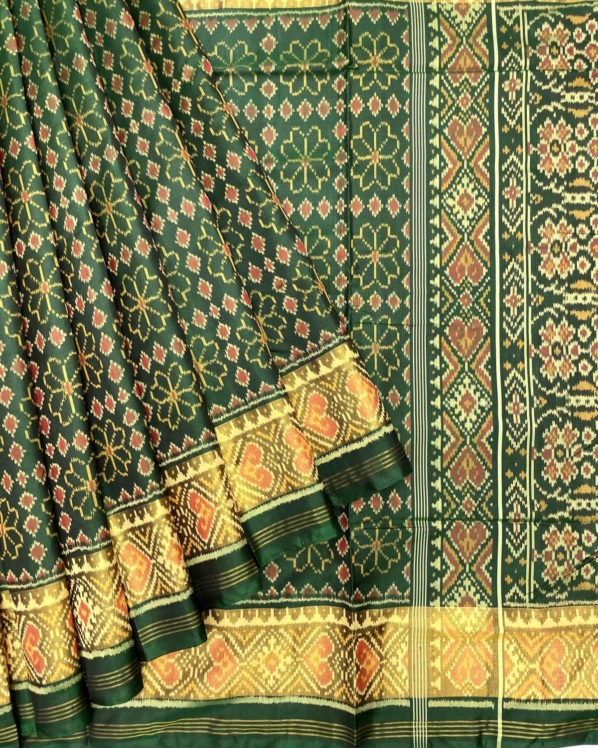 Green Fancy Flower Design Patola Saree - SindhoiPatolaArt