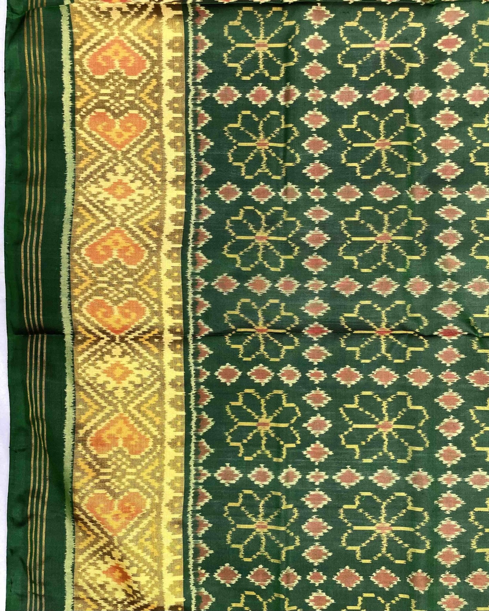 Green Fancy Flower Design Patola Saree - SindhoiPatolaArt