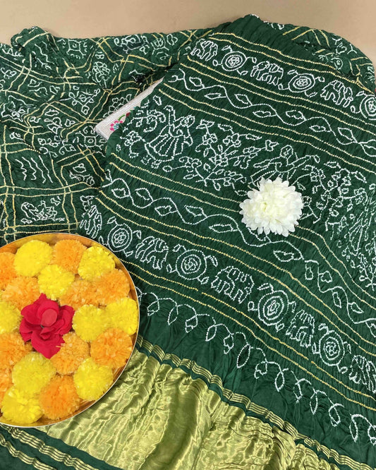 Green Gajji Silk Bandhani Saree - SindhoiPatolaArt