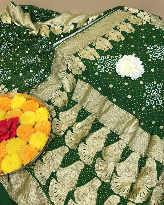 Green Georgette Bandhani Saree - SindhoiPatolaArt