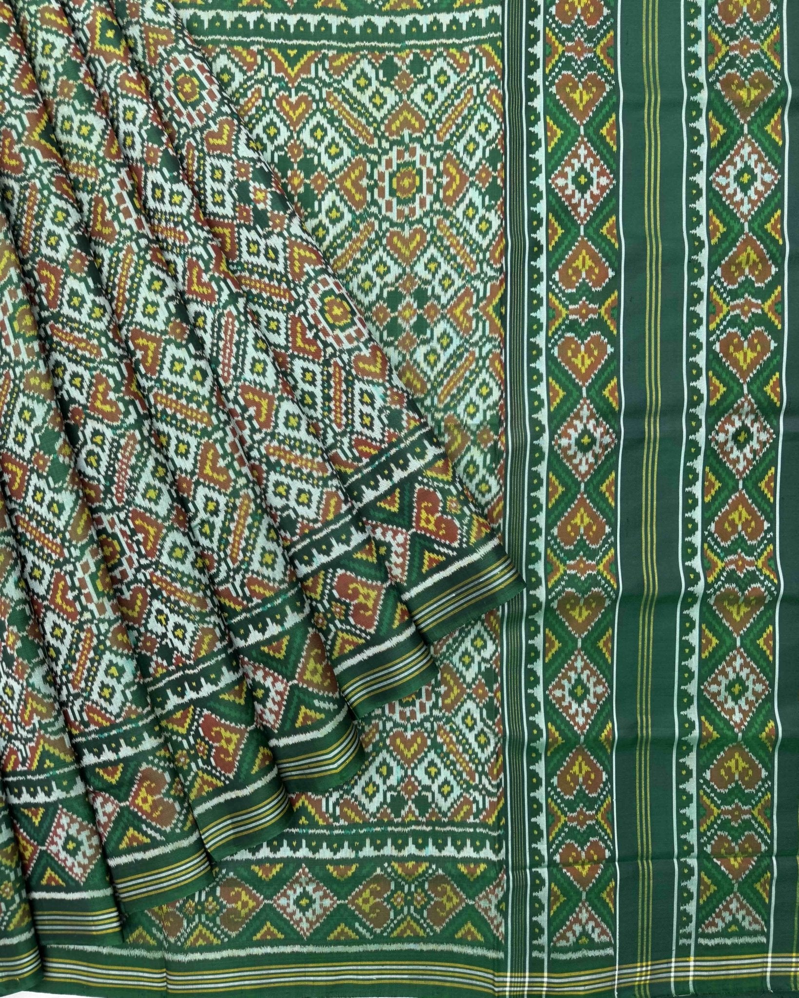 Green & Light Green Manekchowk Semi Double Ikat Patola Saree - SindhoiPatolaArt