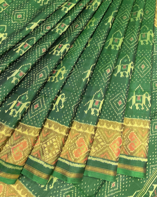 Green Narikunj with Doted Panchanda Designer Patola Saree - SindhoiPatolaArt
