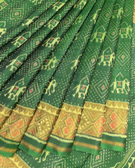 Green Narikunj with Doted Panchanda Designer Patola Saree - SindhoiPatolaArt