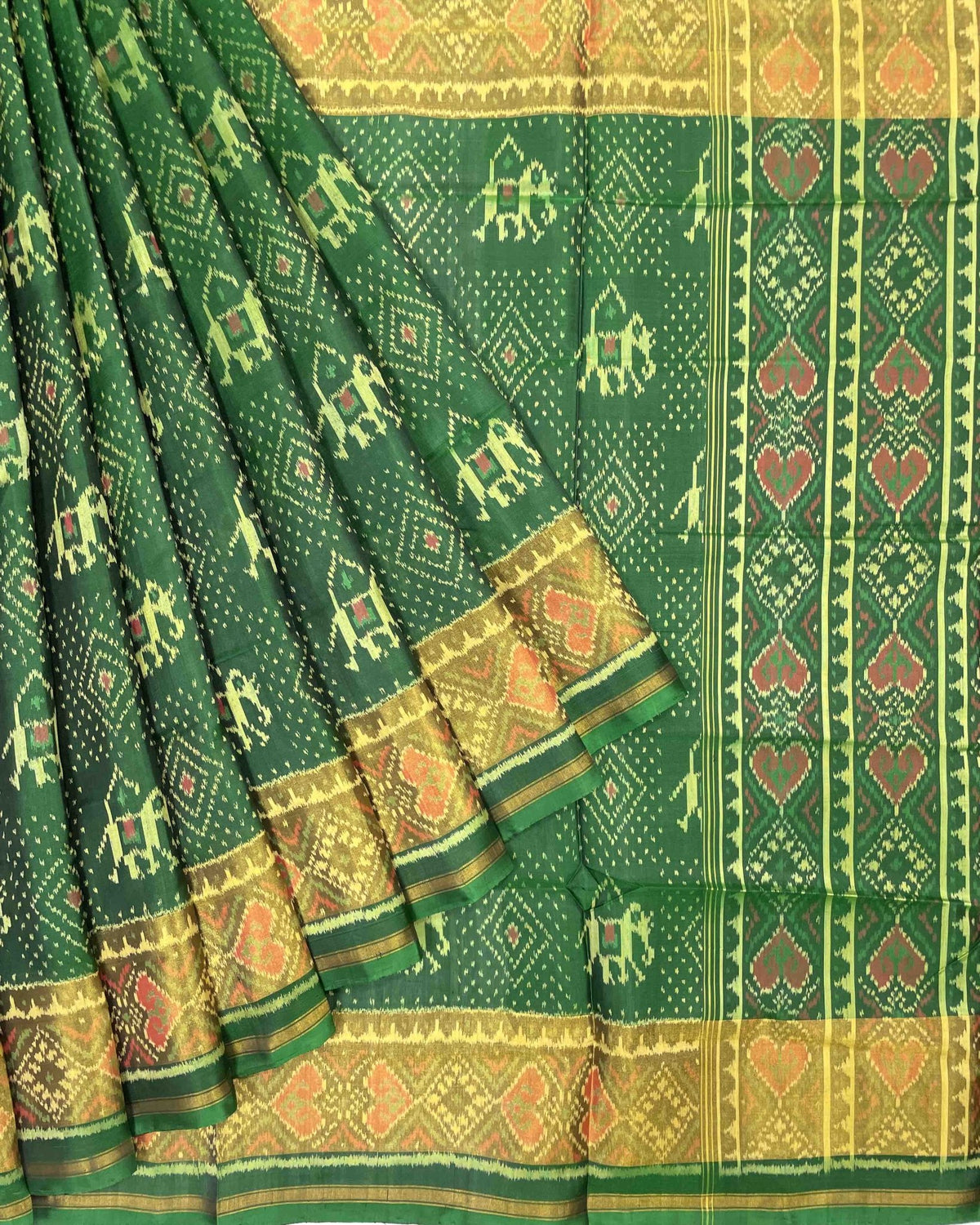 Green Narikunj with Doted Panchanda Designer Patola Saree - SindhoiPatolaArt