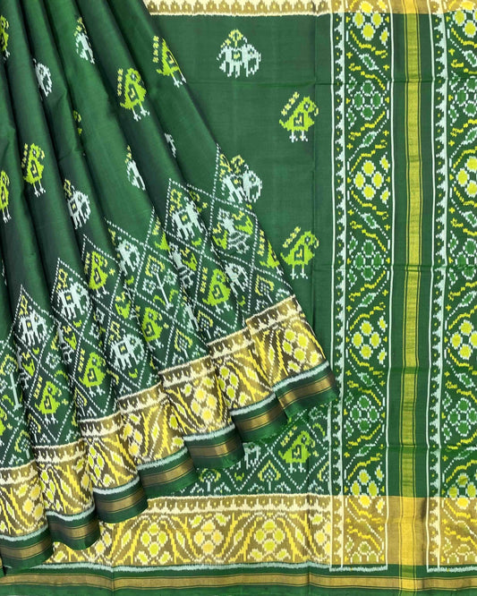 Green Narikunj with Scut Border Patola Saree - SindhoiPatolaArt