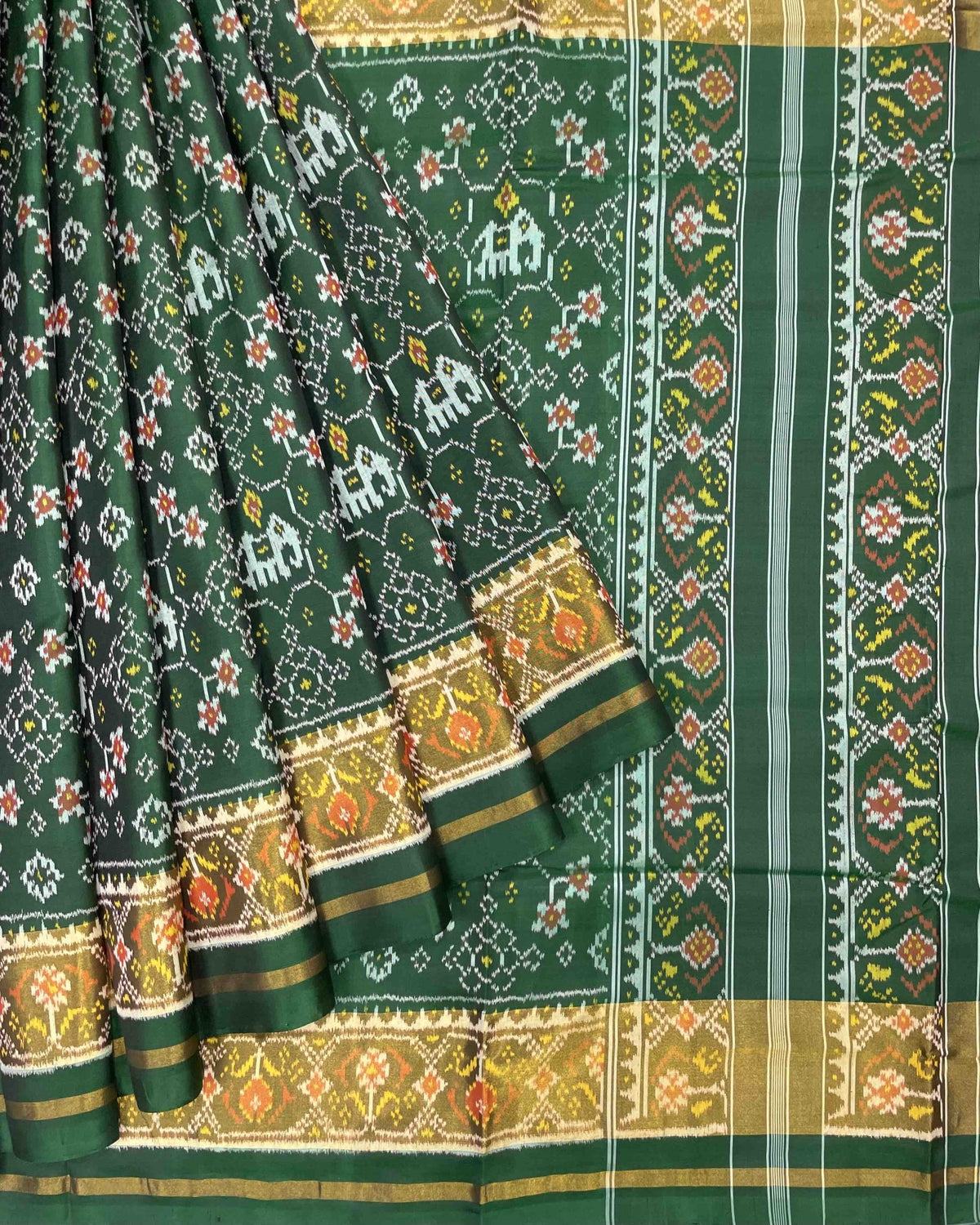 Green Navratan with Elephant Designer Patola Saree - SindhoiPatolaArt