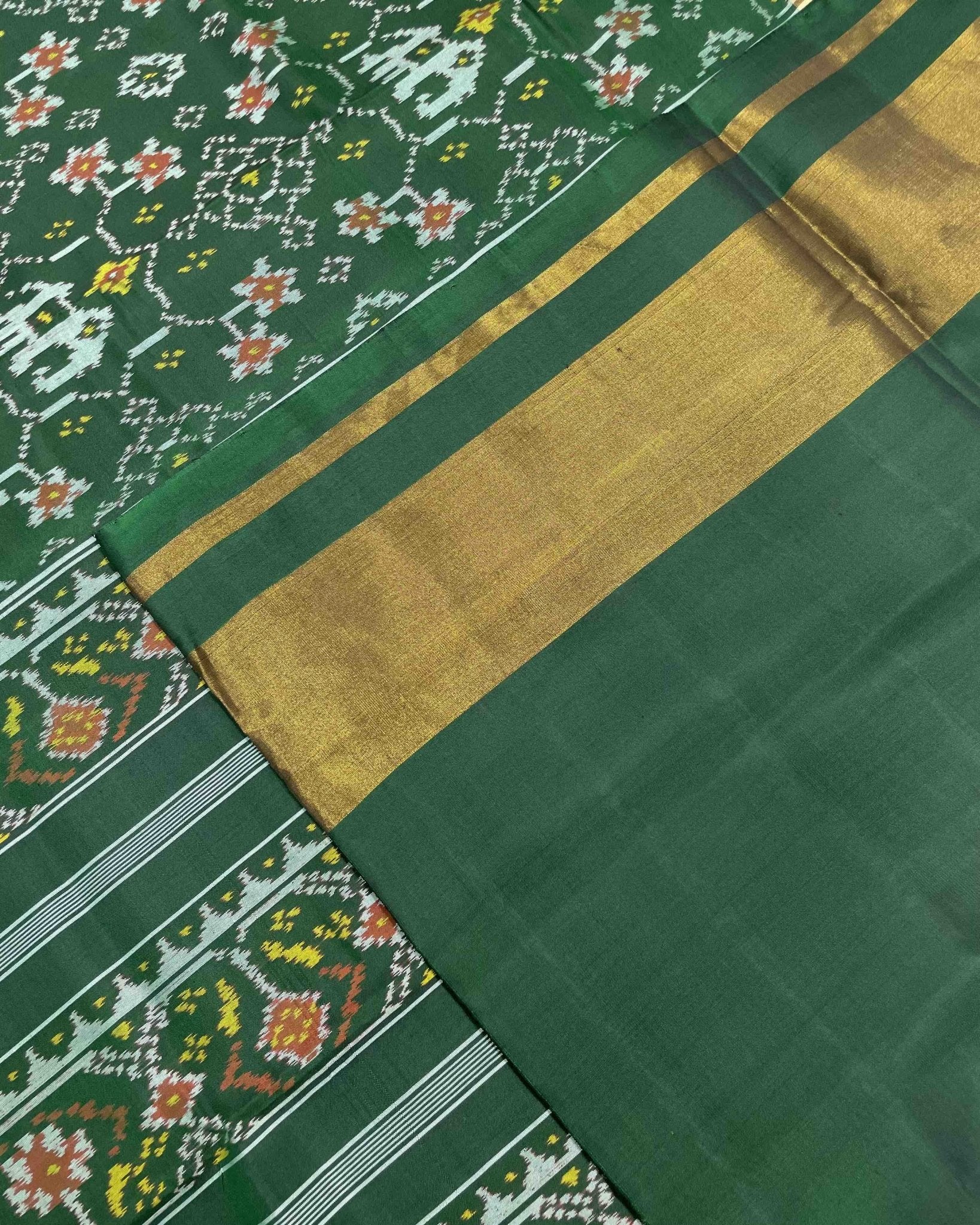 Green Navratan with Elephant Designer Patola Saree - SindhoiPatolaArt