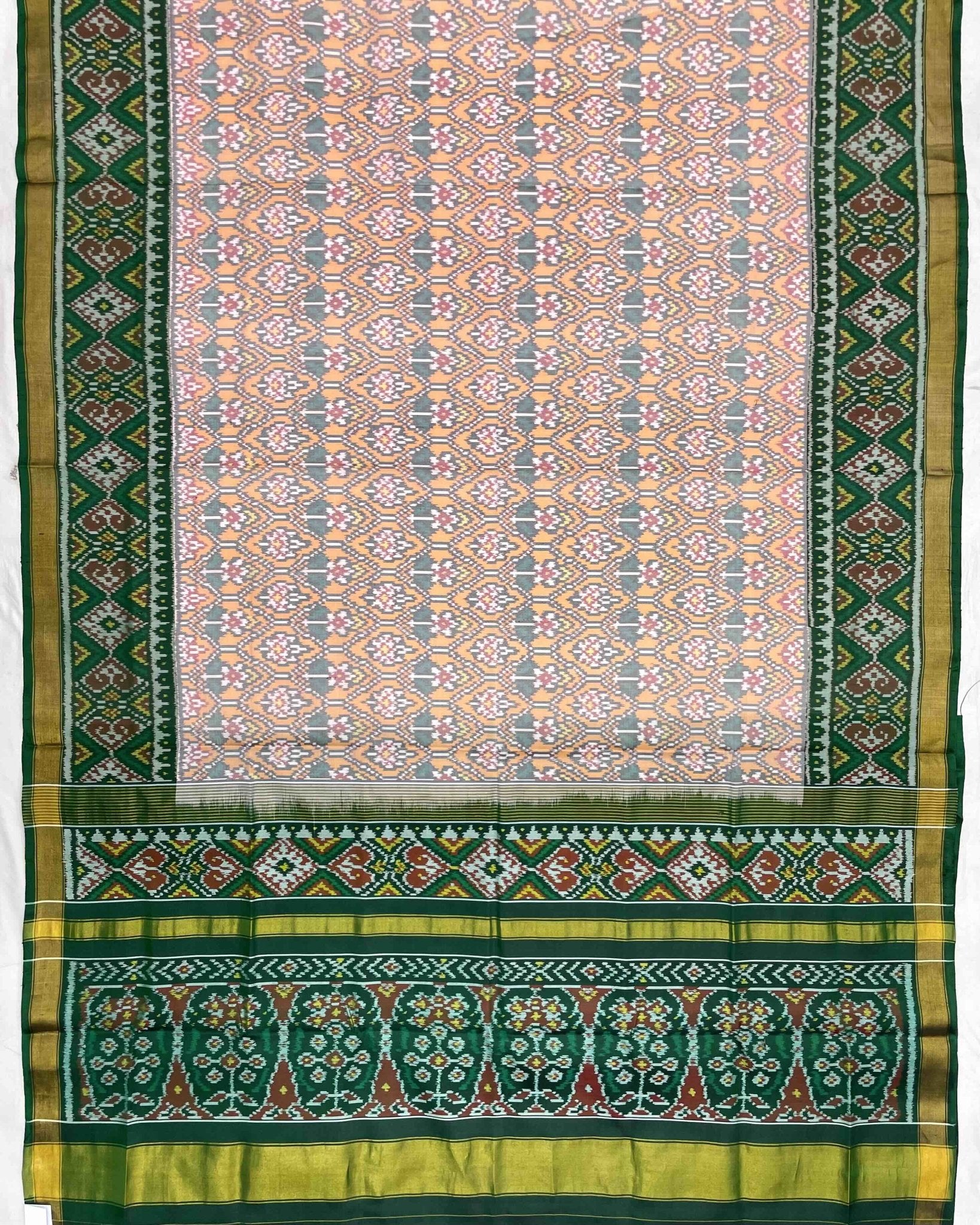 Green & Orange Flower Designer Patola Saree - SindhoiPatolaArt