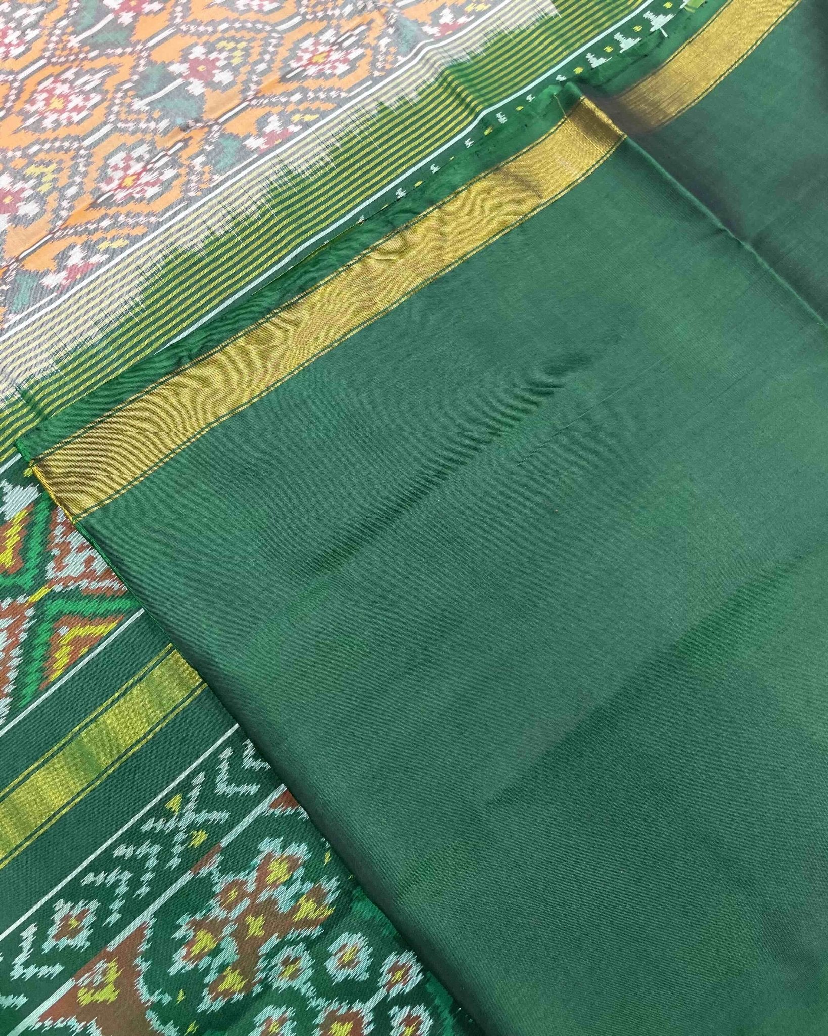 Green & Orange Flower Designer Patola Saree - SindhoiPatolaArt