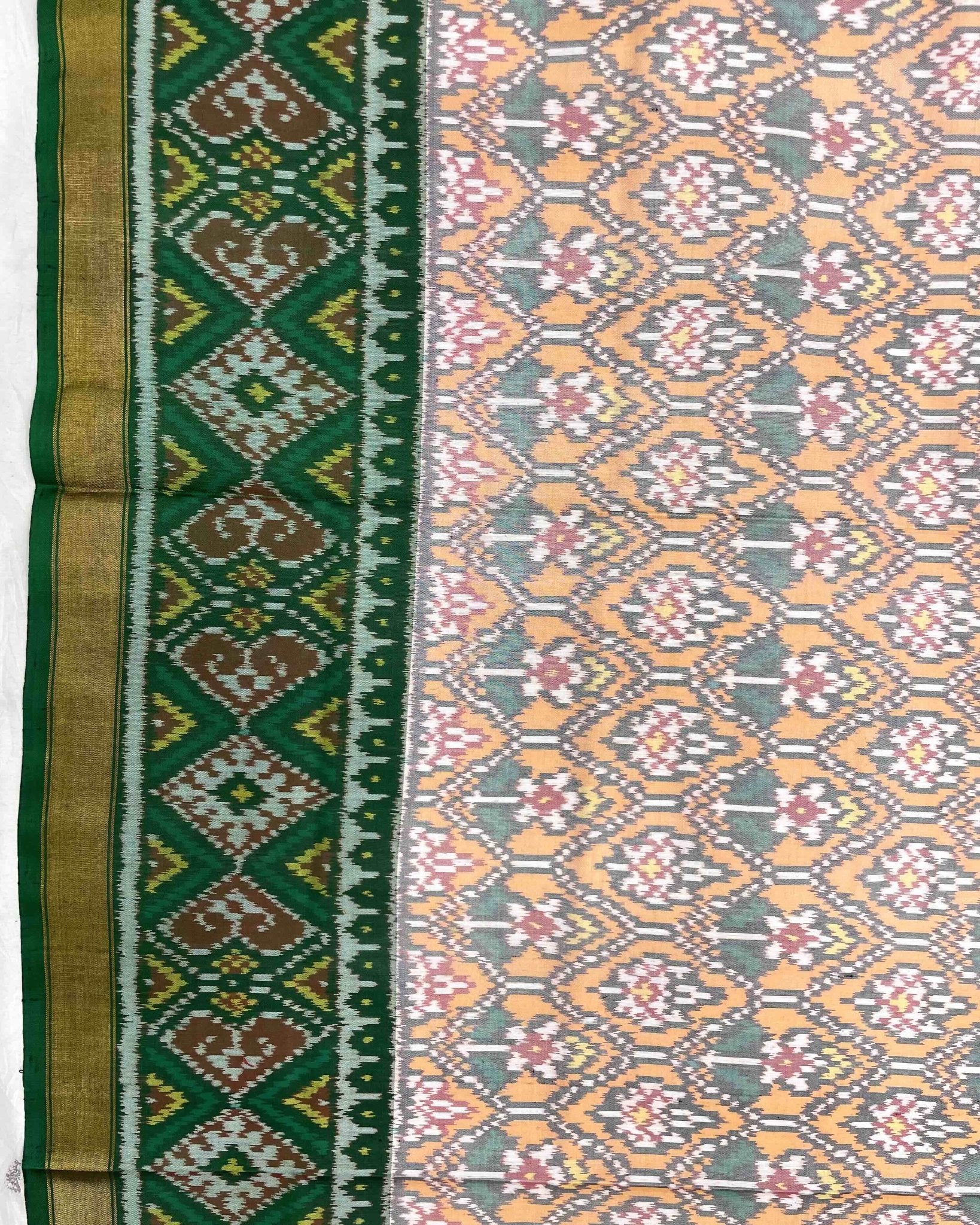 Green & Orange Flower Designer Patola Saree - SindhoiPatolaArt