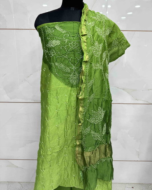 Green & Parrot Shaded Chanderi Silk Bandhani Dress Material - SindhoiPatolaArt