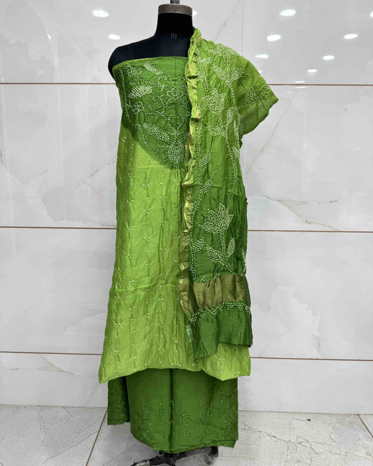 Green & Parrot Shaded Chanderi Silk Bandhani Dress Material - SindhoiPatolaArt
