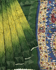 Green & Parrot Shaded Gajji Silk Pen Kamalkari Bandhani Saree - SindhoiPatolaArt