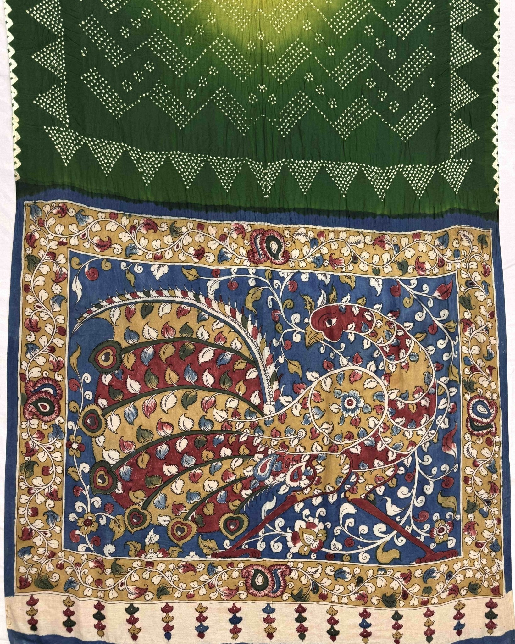 Green & Parrot Shaded Gajji Silk Pen Kamalkari Bandhani Saree - SindhoiPatolaArt
