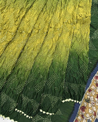 Green & Parrot Shaded Gajji Silk Pen Kamalkari Bandhani Saree - SindhoiPatolaArt