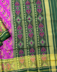 Green & Pink Leheriya Leaves Patola Saree - SindhoiPatolaArt