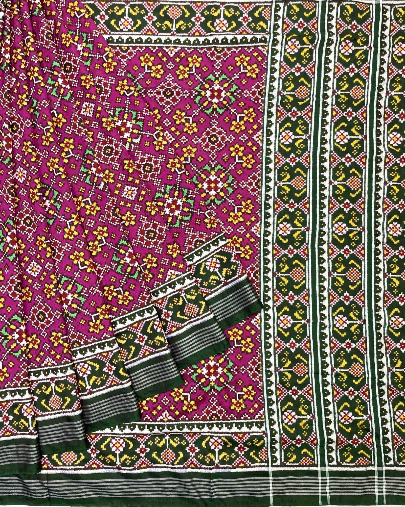 Green & Pink Navratan Double Ikat Patola Saree - SindhoiPatolaArt