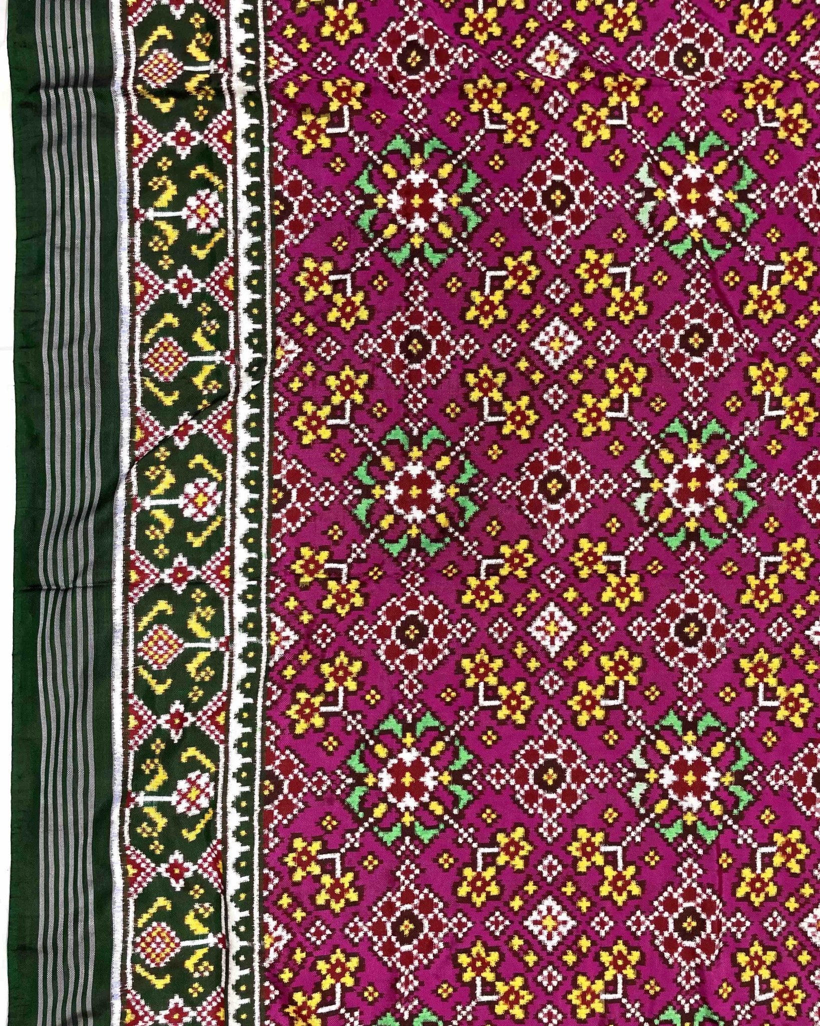 Green & Pink Navratan Double Ikat Patola Saree - SindhoiPatolaArt