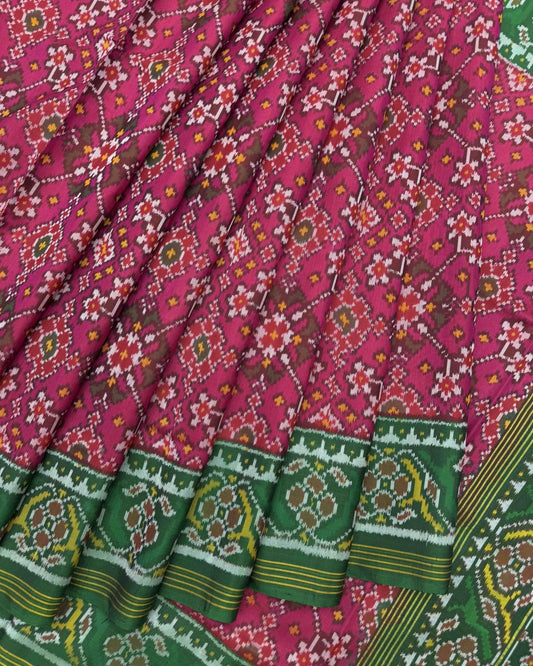 Green & Pink Navratan Semi Double Ikat Patola Saree - SindhoiPatolaArt