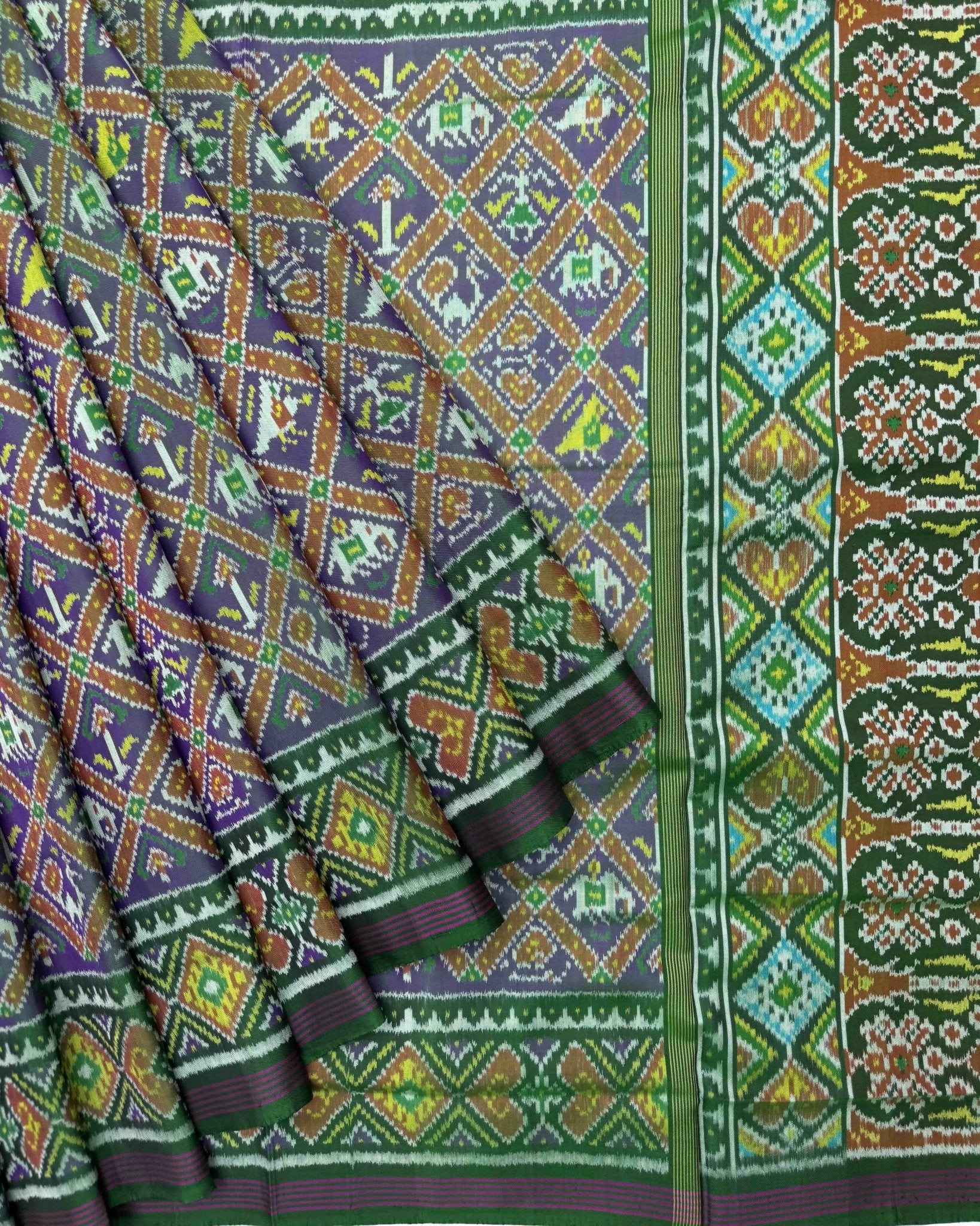 Green & Purple Small Narikunj Semi Double Ikat Patola Saree - SindhoiPatolaArt