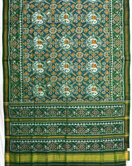 Green & Rama Blue Manekchok Elephant Semi Double Ikat Patola Saree - SindhoiPatolaArt