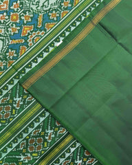 Green & Rama Blue Manekchok Elephant Semi Double Ikat Patola Saree - SindhoiPatolaArt