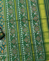 Green & Rama Blue Manekchok Elephant Semi Double Ikat Patola Saree - SindhoiPatolaArt