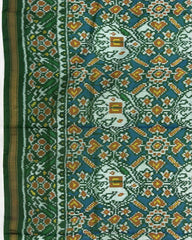 Green & Rama Blue Manekchok Elephant Semi Double Ikat Patola Saree - SindhoiPatolaArt