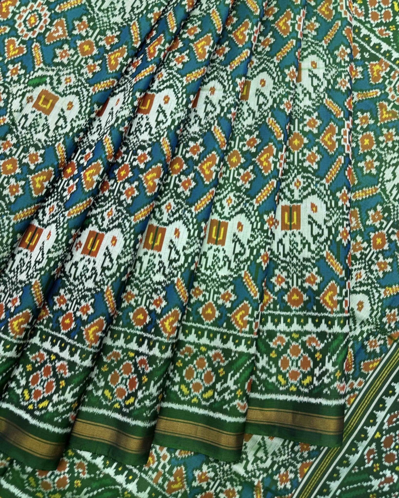 Green & Rama Blue Manekchok Elephant Semi Double Ikat Patola Saree - SindhoiPatolaArt