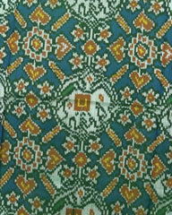 Green & Rama Blue Manekchok Elephant Semi Double Ikat Patola Saree - SindhoiPatolaArt