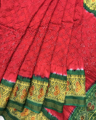 Green & Red Bandhani Patola Saree - SindhoiPatolaArt