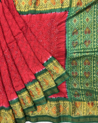 Green & Red Bandhani Patola Saree - SindhoiPatolaArt