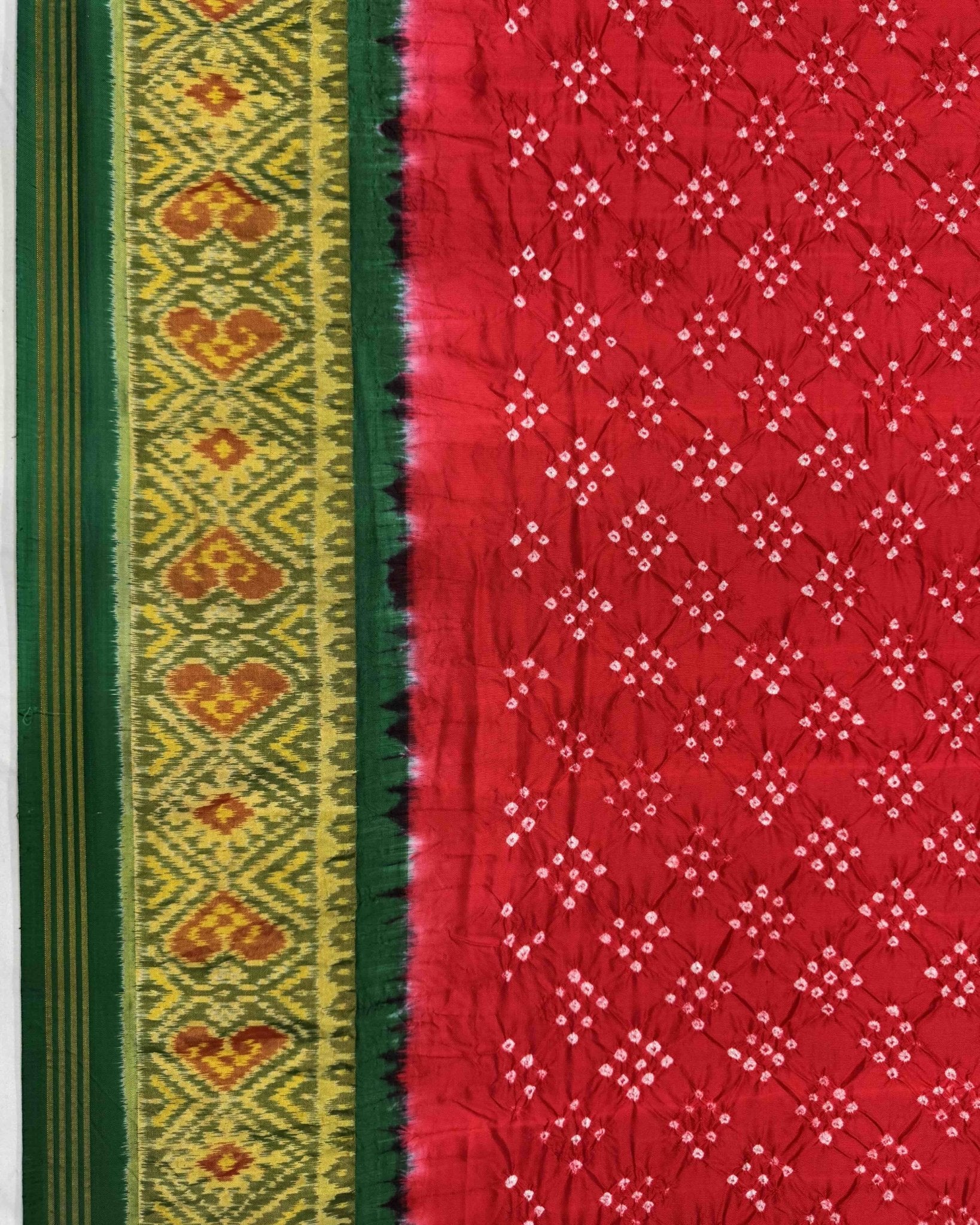 Green & Red Bandhani Patola Saree - SindhoiPatolaArt