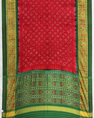Green & Red Bandhani Patola Saree - SindhoiPatolaArt