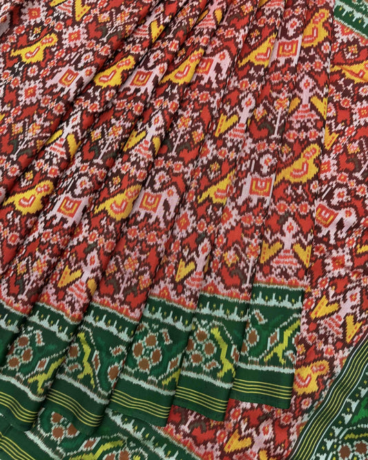 Green & Red Narikunj Semi Ikat Patola Saree - SindhoiPatolaArt